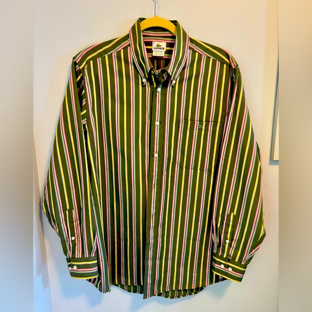 Lacoste Shirt Mens 42 L Button Down Long Sleeve Green Pink Striped Shirt Cotton